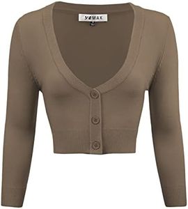 Women's Cropped Bolero Cardigan – 3/4 Sleeve V-Neck Basic Classic Casual Button Down Knit Soft Sweater Top (S-3XL) Mocha
