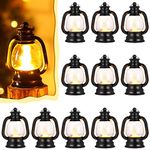 Ferraycle 12 Pcs Mini Lantern Decorative with LED Candle 4 Inch Small Hanging Lantern Ornaments Camping Table Centerpiece Vintage Lantern Ornament Bulk for Western Cowboy Xmas (Black)