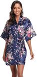 Season Dressing Floral Satin Kimono Robes Short Bridesmaid Robe for Parties Wedding Robes, Navy S/M