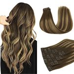 DOORES Seamless Clip in Hair Extensions Real Human Hair, Chocolate Brown to Caramel Blonde 18 Inch 110g 7pcs, Human Hair Extensions Skin Weft Remy Straight Hair for Women