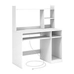 IFANNY White Computer Desk with Hutch, Wood PC Desk w/Power Outlet, Keyboard Tray and CPU Stand, Modern Writing Desk with Bookshelf, Student Desk for Bedroom, Simple Work Desk for Home Office