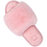 LongBay Women's Fuzzy Faux Fur Memroy Foam Flat Spa Slide Slippers Open Toe House Shoes Sandals (Medium / 7-8, Pink)