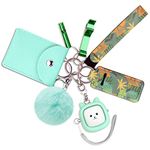 Personal Alarm, 7 Pcs Keychain Accessories with Personal Sound Siren, Card Wallet, Wristlet Strap, Lipstick Holder, Cute Pom Pom, and Whistle