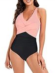 One Piece Bathing Suit for Women Tummy Control Criss Cross Back Swimwear V Neck Swimsuit Pink-Black 10-12