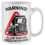 Purple Print House Warning Will Talk About Lorries Mug, Funny Coffee Cup, Trucker Gifts for Him, Lorry Spotter Driver Birthday Present Ideas for Dad or Son, One Size, White