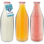 HEFTMAN Glass Milk Bottles with Lids - Empty 1 Litre Set of 3 Airtight Glass Milk Bottle with Red Gingham Lids for Beverages, Drinks & Décor - Retro Glass Juice Bottles for Weddings, BBQ's & Picnics