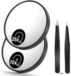 OMIRO 10X(300R) & 25X(150R) Magnifying Mirrors and Two Eyebrow Tweezers Kits, 3.5" Two Suction Cups Magnifier Travel Set