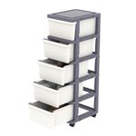 Cetomo Plastic Storage Drawers Unit, Storage Drawer on Locking Wheels, Tower with Interlocking Hooks for Home Office Closet Bedroom Dorm, Detachable, Free Combination, White and Gray, 5 Drawers