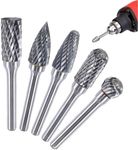 5PCS Carbide Rotary Burr Set, Die Grinder Bits 1/4(6mm), 5/16"(8mm) Cutting Diameter Double Cut Burr Bits for Metal Wood Jade Carving Engraving Polishing Drilling Milling