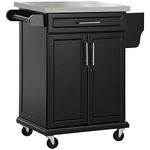 HOMCOM Kitchen Island with Stainless Steel Top, Rolling Kitchen Cart on Wheels with Storage Drawer, Cabinet, Towel Rack and Spice Rack (Black)