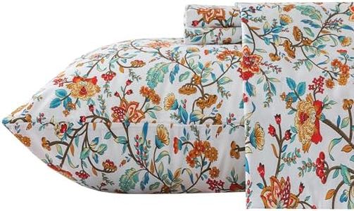 Zusbest California King Bed Sheet Set 100% Cotton Floral Printed Sheets Vintage Vibrant Bedding Luxury Soft Breathable Crisp Cooling Boho Orange Teal Percale Sheets Deep Pocket 17.5'', 4 Pcs