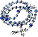 Nazareth Store Deep Blue Crystal Beads Rosary with Blue Agate Glory Stones Prayer Miraculous Medal & Cross Crucifix Religious Rosaries Beads Collection