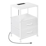 Vrisa Nightstand with Charging Station End Table with USB Port and Outlet Morden Narrow Bedside Table with Fabric Storage Drawer Night Stand for Bedroom Living Room Small Spaces White