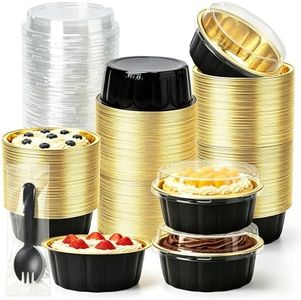 NPLUX Mini Cake Pans with Lids and Spoons, 100 Pack 8 oz Round Black Gold Aluminum Foil Baking Pans for Creme Brulee, Pudding, Cheesecake, Cupcakes, Parties, Weddings and Bake Sale