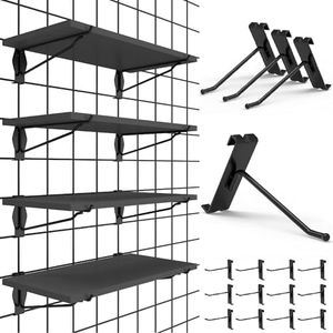 HUHOLE Gridwall Shelves 4 Pack + Gridwall Hooks 4 Inch, 32PC, Gridwall Accessories for Garage, Craft Rooms, Retail Stores, and Office – 8 Inch Gridwall Shelf Ideal for Organized Display