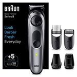 Braun Beard Trimmer Series 5 & Hair Clippers, 40 Length Settings, Rechargeable 100-min Cordless Runtime & Waterproof, Gifts for Men, BT5440, Silver, Black