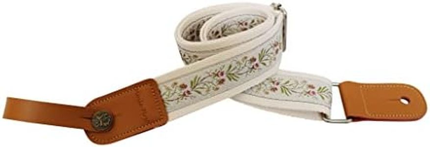 MUSIC FIRST Original Design Vintage Floral Embroidered & Genuine Leather Ukulele Strap Ukulele Shoulder Strap With a Genuine Leather Strap Locker (Creamy White Floral)