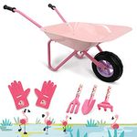 Hortem Kids Wheelbarrow Set Metal, 5PCS Construction Kids Wheel Barrel and Kids Garden Tools,Kids Gardening Glove, Gifts for Kids (Pink)