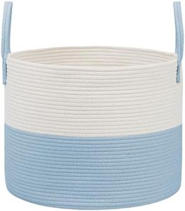 JMvicyroam Woven Blanket Basket,115L Large Rope Storage Bin with Handles, Organizer for Blankets Toys Book and Clothes, Laundry Basket for Living Room Bedroom Nursery,White&Blue
