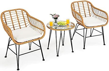 Tangkula 3 Pieces Patio Bistro Set, Rattan Conversation Set with 2 Cushioned Armchairs & Round Glass Coffee Table, Indoor Outdoor Wicker Furniture Set for Balcony, Backyard, Garden, Poolside