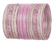 NEW! Touchstone Indian Bollywood Handcrafted Laser Cut Grain Work Charming Look Pink Color Silver Sparkles Designer Jewelry Bangle Bracelets Set Of 24 In Silver Tone For Women.