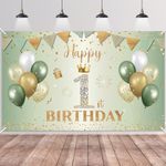 Happy 1st Birthday Banner Sage Green Gold,BTZO 1st Birthday Backdrop for Newborn Boys Girls First Birthday Decorations 1st Birthday Baby Shower Party Banner,180×110cm