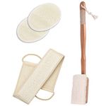 4 Pcs Loofah Exfoliating Back Scrubber Set,100% Natural Luffa Body Bath Sponge Pad,Double Side Scrubbing Strap,Back Exfoliator with Long Wooden Handle,Back Brush Washer for Shower and Bath Spa