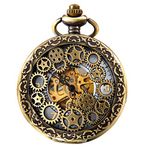 JewelryWe Classic Antique Half Hunter Metal Hollow Skeleton Hand Wind Mechanical Pocket Watch with Chain