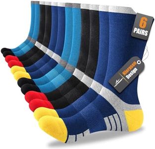 Niorasen 6 Pairs Men's Cotton Crew Work Boot Socks, Moisture Cushioned Athletic Sports Socks for Hiking Running Workout, Red-Yellow-Blue 12-15