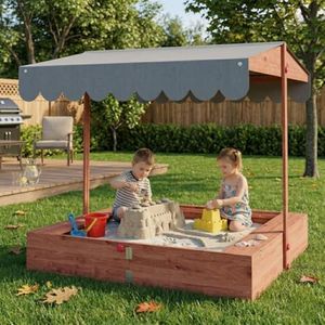 EROMMY Pre-Assembled Kids Wooden Sandbox with Cover and UV-Protected Canopy, 43" Outdoor Sand Box with Foldable Bench Seats, Smart Storage & Bottom Liner