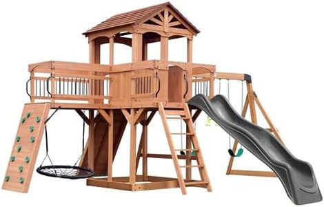 Backyard Discovery Sterling Point Cedar Wood Swing Set with Wave Slide, Raised Clubhouse, Wooden Bridge, Rock Wall, Belt Swings, Web Swing, Trapeze, Balcony, Climbing Wall, Ladder, Outdoor Playset