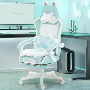 Dowinx Gaming Chair Cute with Cat Ears and Paw Lumbar, Ergonomic Computer Chair for Girl with Footrest and Headrest, Comfortable Reclining Game Chair 291lbs for Adult, Teen, Blue Green