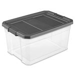 Sterilite 76 Quart Plastic Stacker Box, Lidded Storage Bin Container for Home and Garage Organizing, Shoes, Tools, Clear Base & Gray Lid, 1-Pack