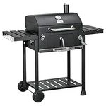 Outsunny Charcoal BBQ Grill Trolley with Adjustable Charcoal Pan, Barbecue Grill Smoker with Storage Shelves, Lid, Thermometer, Bottle Opener and Wheels, Galvanised Steel