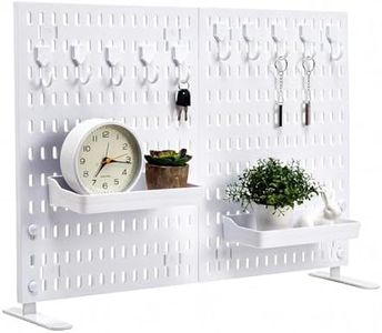 Tabletop Peg Board Display Stand with 10 Hooks & 2 Trays, No Drilling, Freestanding Portable Plastic Pegboard for Vendor Office Home Dorm Apartment, White