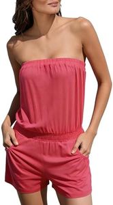 Sumtory Women's Strapless Printed Short One Piece jumpSuit Swimsuit wear Romper, Watermelon Red, Large