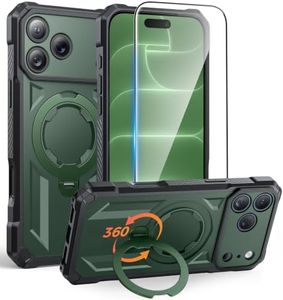 FNTCASE for iPhone 17 Pro-Max Case: [360 Spin Magnetic Ring Kickstand] [Compatible for MagSafe] [Screen Protector] Heavy Duty Military Grade Protection Protective Phone Case with Stand Green
