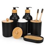 Fixwal Bamboo Matte Black Bathroom Accessories Set of 6 - Toothbrush Holder, Two Soap Dispenser, Soap Dish, and Two Plastic Qtip Medicine Jars with Bamboo Lid for Boho Counter Toilet Bathroom Decor