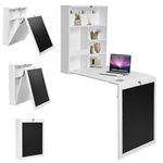 CASART Wall Mounted Computer Desk, Folding Convertible Wall Table with Blackboard & Storage Shelves, Multifunctional Floating Laptop Desk Workstation for Home & Office (White)