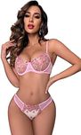 ADSEXY Women's Lace Lingerie Set Chinese Embroidery Sheer Underwire Floral See Through Bra and Panty 2 Piece Push Up, Pink, Large