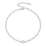 SILVERCUTE Birthstone Anklets for Women, Resizable 925 Sterling Silver 3mm Diamond Cut Figaro Chain Anklet 8.5"-10.5"