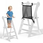 COSYLAND Foldable Toddler Kitchen Tower – Adjustable Height Wooden Step Stool with Safety Net, Portable Helper Stool for Kids Learning and Cooking, for Ages 18 Months to 6 Years (White)
