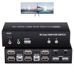 2 Ports Dual Monitor KVM Switch, 4K@60Hz KVM Switch 2 Monitors 2 Computers, KVM Dual Monitor HDMI Switcher 2x2 for 2 Computers Share 2 Displays and 5 USB 2.0 Ports, Wired Remote and USB Power Cable