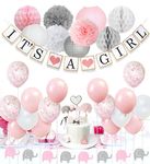 JOYMEMO Baby Shower Decorations for Girls Pink and White, Baby Girl Balloons, Elephant Garland, Confetti Balloons, Elephant Cake Topper for Baby Shower Supplies