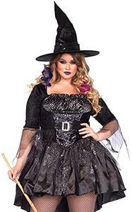 Leg Avenue Women's Plus Size 2 Piece Black Magic Mistress – Sexy High Low Dress with Witch Hat Halloween Costume Set, 1X / 2X