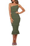 PRETTYGARDEN Women's Summer Midi Bodycon Dresses One Shoulder Strappy Tiered Ruffle Floral Boho Sun Dress (Solid Army Green,Large)