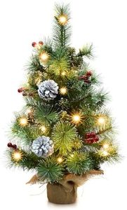 Pre-lit Mini Christmas Trees, Little Christmas Tree with Flocked Pine Needles, Pine Cones, Berries Christmas Decoration, 2 ft Burlap Base Small Trees with 25 Led Lights for Table Top Xmas Decoration