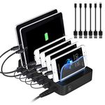 Charging Station Dock & Organizer for Cellphone Tablet Earphone MP3 MP4, PRITEK 6 Ports Multiple USB Charger Station & Phone Docking Station with Charging Status Indicator + 6pcs USB Cables (Black)