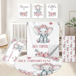 KAINSY Personalized Nursery Bedding Set, 5 Pcs Custom Crib Sets, Soft Baby Girl Set with Name, Double Layer Elephant Infant Bedding Set Customized Gifts for Toddlers