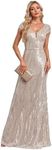 XUIBOL Womens Sequined Short Sleeves Long Formal Dress with V-Neck for Evening Event Nightout Club Gown Silver Paillette, Silver, X-Large